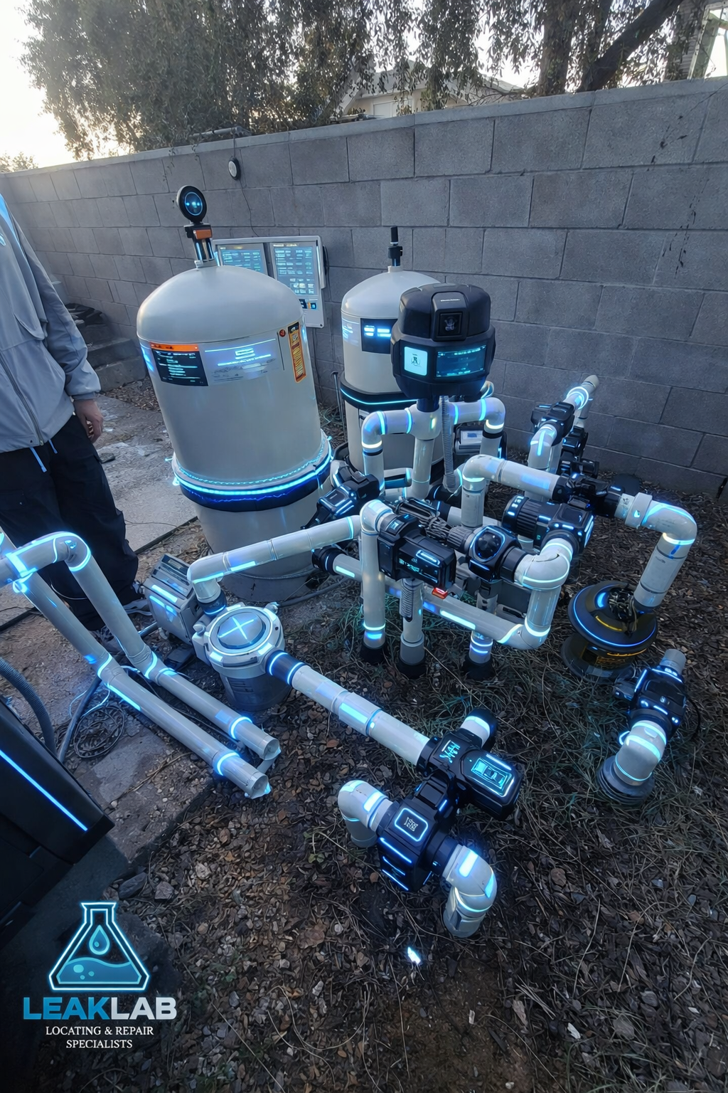 Swimming pool pump and filter system checked for water loss issues