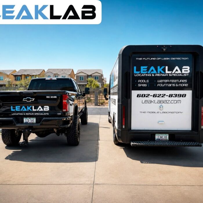 LeakLab AZ service truck and mobile laboratory van parked at a Mesa property