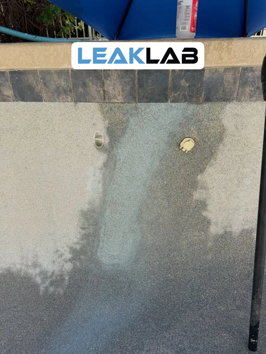Drained Scottsdale pool wall with moisture tracing the path of a structural crack